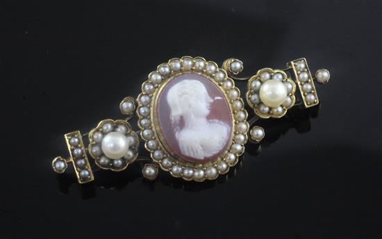 A Victorian gold, hardstone cameo and seed pearl brooch, 2in.